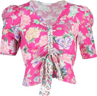 Sandro Becky Floral Print Puff-sleeve Top In Pink Linen