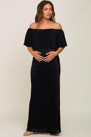 Pinkblush Pleated Ruffle Off Shoulder Maxi Dress in Black at Nordstrom, Size Medium