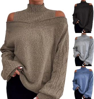 Generic Polo Neck Jumpers for Women UK Oversized Off Shoulder Pullover Sweaters Casual Plain Long Sleeve Tops