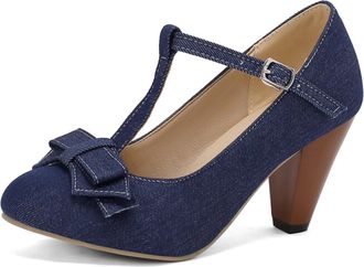 Generic Women Denim T Strap Pumps Round Toe Pointed Heel Bow Decor Adjustable Buckle Ankle Strap Non Slip Durable Comfortable Dress Party Shoes,Dark Blue,10.5