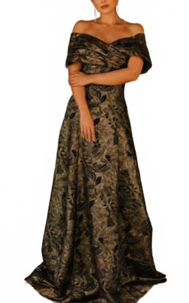 Terani Couture Pleated Off-Shoulder Evening Dress In Black/gold