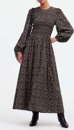 Madewell Selena Long Sleeve Smock Bodice Cotton Blend Midi Dress in Dark Carob at Nordstrom Rack, Size Xx-Small