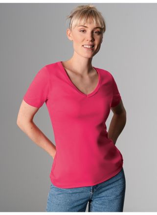 Trigema T-Shirt TRIGEMA TRIGEMA V-Shirt aus Baumwolle/Elastan, Damen, Gr. XL, orange (koralle), 95% Baumwolle, 5% Elastan, Basic, Shirts T-Shirt