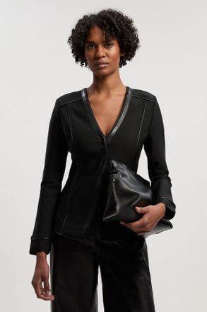 Karen Millen Womens Bandage PU Detail V Neck Top - Black - Size 16 UK