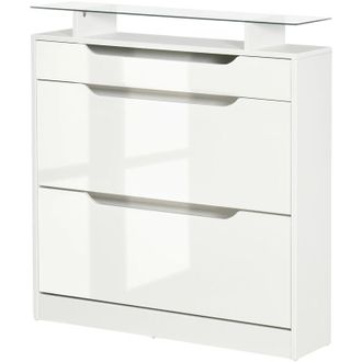 HOMCOM Scarpiera il Legno 2 Cassetti per 16 Scarpe 89x23x96cm Bianco Lucido