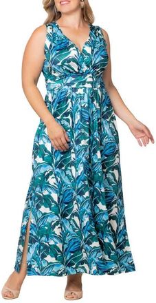 Kiyonna Daniela Sleeveless Maxi Dress in Teal Palm Print at Nordstrom, Size 3X