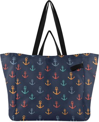 Generic Blue Black print Reusable Canvas Tote Bag, Heavy Duty Grocery Shopping Bag with Hard Bottom Double Handles Large Capacity Work Groceries Travel