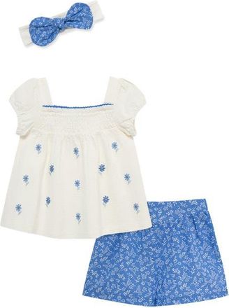 Little Me Embroidered Top, Shorts & Headband Set in Blue at Nordstrom, Size 24M