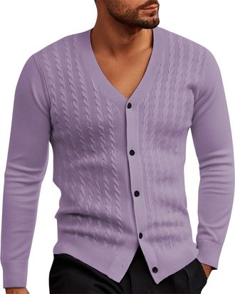 Generic DENGJIAMY Mens Cardigan Sweaters with Buttons Classic Basic Plain V Neck Shirt Long Sleeve Plus Size Tredny Ribbed Tops for Men (Purple, 4XL)