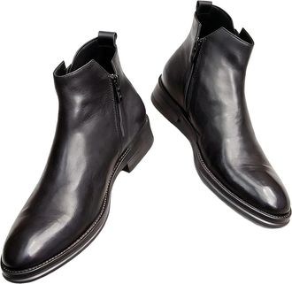 Generic Mens PU Leather Chelsea Boots Round Toe Short Boots with Side Zipper Flat Heel Office Dress Shoes,Black,8.5 UK