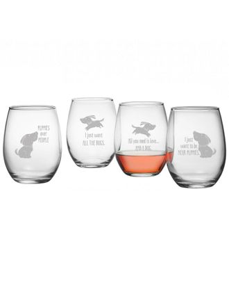 SUSQUEHANNA GLASS Set of 4 Happy Dog Assortment Stemless Wine Tumblers