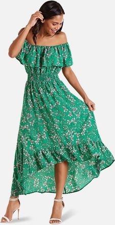 Yumi Floral Bardot Ruffled Hem Midi Dress in Green at Nordstrom, Size 14
