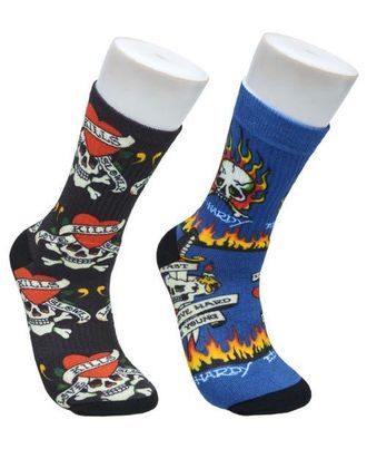 Ed Hardy Flaming Skull 360 Print Full Cushion Crew Sock 2-Pack in Blue at Nordstrom