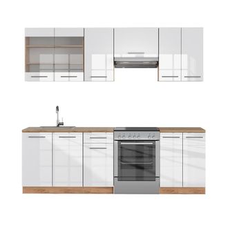 Vicco Mueble De Cocina Fame-line, Blanco Brillo Intenso/roble Dorado, 240 Cm, Et Roble