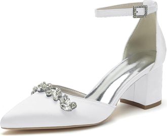 Generic Womens Chunky Heel Wedding Shoes for Bride Pointed Toe Dress Pumps with Rhinestone Ankle Strap Evening Party Prom Shoes,White,5 UK
