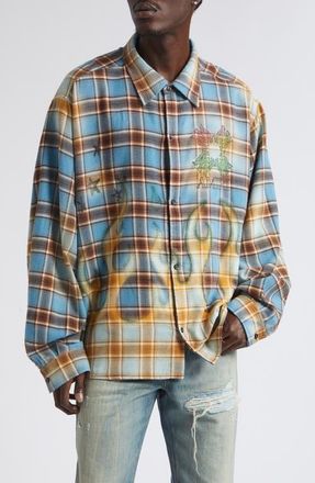 Amiri MA Quad Flames Plaid Cotton Flannel Button-Up Shirt in Blue at Nordstrom, Size Xxx-Large