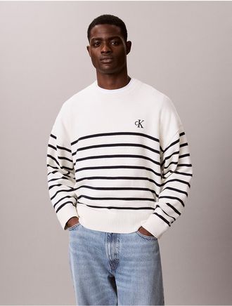 Calvin Klein Jeans Calvin Klein Mens Striped Monogram Logo Relaxed Sweater - Multi - XL
