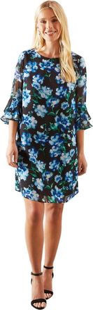 Wallis Petite Floral Print Flute Sleeve Shift Dress, 8, Black