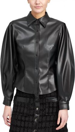 En Saison Faux Leather Button Front Shirt In Black