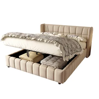 STILVORA Cama Doble Con Canap&eacute; Abatible, Cabecero Tapizado, 180 X 200 Cm, Sin Colch&oacute;n, Beige