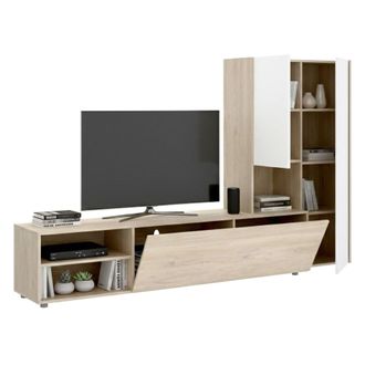 Dmora Dmora - Pared Equipada Ainos, Composici&oacute;n De La Sala De Estar, Muebles De Sal&oacute;n Multiusos, Gabinete De Tv, 227x40 H141 Cm, Blanco Y Roble