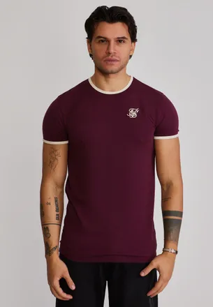 Siksilk Camiseta para Hombres Borgo&ntilde;a, Ecru Ringer XXL
