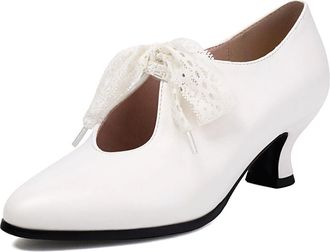 Generic Womens Lace Up Retro Dress Pumps Mid Kitten Heel Casual Shoes Pointed Toe PU Leather Party Prom Shoes,White,5.5 UK