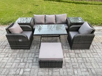 Fimous 6 Seater Rattan Wicker Garden Furniture Patio Conservatory Sofa Set with Rectangular Dining Table Reclining Chair in Dark Grey