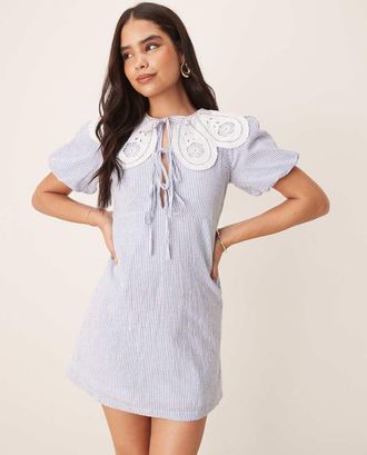 Nobody's Child Bessie scallop collar detail mini smock dress in blue pinstripe