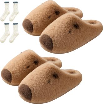 Generic Capybara Slippers for Women, 3D Plush Warm Capibara Hous Slippers, Cute Fluffy Non Slip for Indoor Outdoor (2 Khaki, UK, Adult, Women, 9.5, Numeric Ra