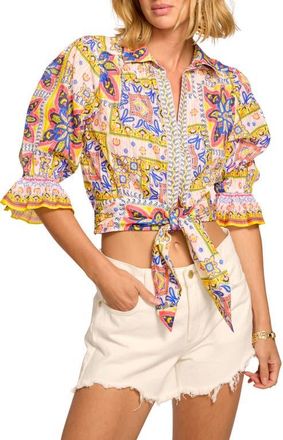 Ramy Brook Zola Tile Print Tie Front Shirt in White Piazza at Nordstrom, Size Xx-Small