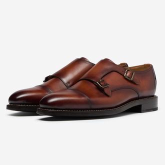 Oliver Sweeney Mens Antiqued Calf Leather Double Monk Shoes - Tan - Size UK 8.5