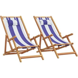 vidaXL Folding Beach Chairs 2 pcs Blue and White Fabric and Solid Wood vidaXL