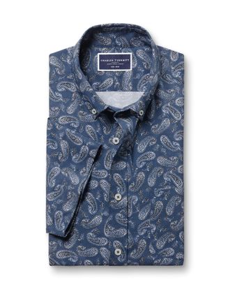 CHARLES TYRWHITT Non-Iron Stretch Paisley Print Short Sleeve Cotton Shirt - Indigo Blue Size Large by Charles Tyrwhitt