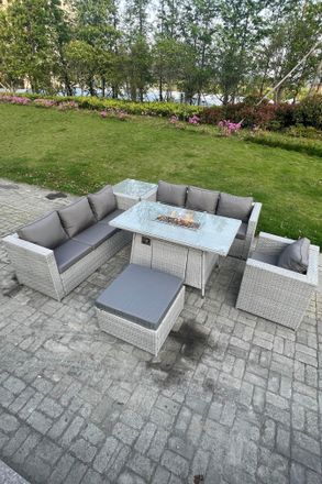 Fimous Rattan Fire Pit Dining Table Set Gas Heater Burner Lounge Sofa Side Coffee Table in Light Grey