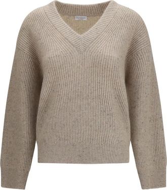 Brunello Cucinelli Beige Knitted V Neck Sweater