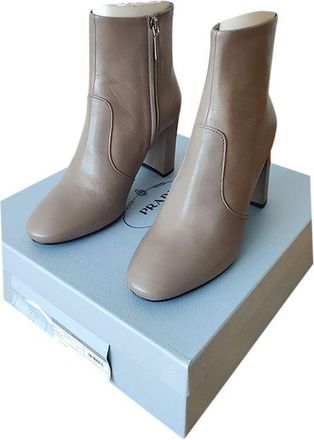 Prada Grey Leather Heeled Ankle Boots Size 38.5