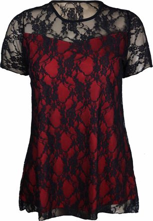 Purple Hanger New Womens Floral Lace Short Sleeve Ladies Flower Lined Patterned Stretch T-Shirt Tunic Party Top Plus Size (18 / 20, Black & Red)