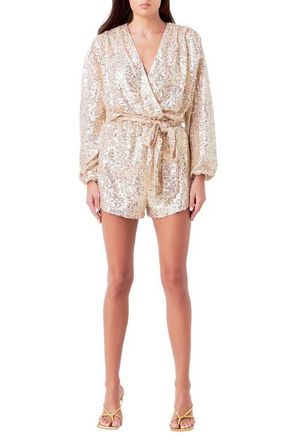 endless rose Long Sleeve Sequin Romper in Gold at Nordstrom, Size Medium
