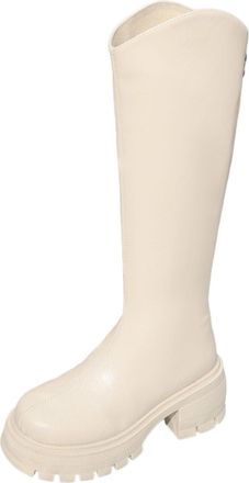 Generic Long Toe Warm Pure Color Autumn Round Mid Calf Boots for Women Thick Flat Sole Comfortable Casual Winter Footwear (Beige, 5.5)