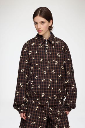 Ganni Cappuccino Bomber in Printed Check - Size XS/S Organic Cotton