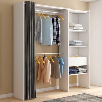 IDMarket Marty 120/170 X 50 X 180 Cm Blanco Y Gris Armario Extensible Con Cortina + Doble Espacio Para Colgar + Estantes