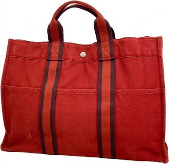 Herm&egrave;s Red Color Canvas Tote Bag (Pre-Owned)