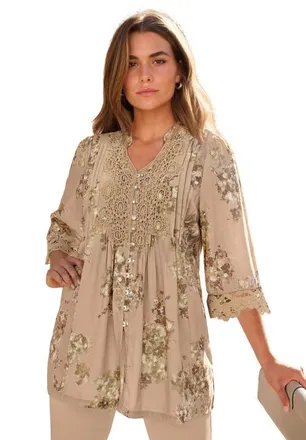 Roaman's Plus Size Juliet Lace Trim Button-Down Shirt in New Khaki Watercolor Bouquet at Nordstrom, Size 44