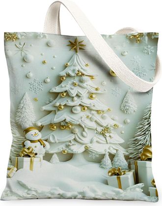 Generic Winter Snow Man Canvas Tote Bags, Festive Holiday Tree Design Reusable Shopping Bags, Lightweight Washable Shoulder Strap C, White, 13x15 Inch