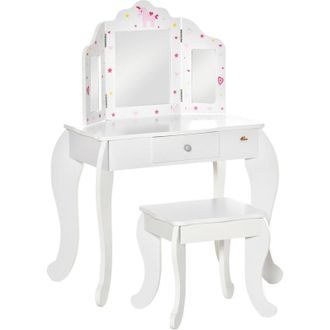 HOMCOM Tocador Infantil De Madera Con Taburete Y Espejo Acr&iacute;lico De 3 Sectores Mesa De Maquillaje Para Ni&ntilde;os Con Caj&oacute;n 63x40x85,5 Cm