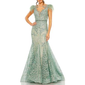 Mac Duggal Embellished Feather Cap Sleeve Illusion Neck Trumpet Gown in Sage at Nordstrom, Size 16