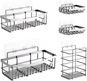 OEM Estante De Ducha De Acero Inoxidable Galvanizado, 5 Piezas, Estante De Ducha Sin Taladro Con Dispensador De Jab&oacute;n Y Ganchos, Plateado