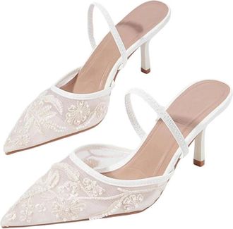 Generic Women Wedding High Heel Pumps Mesh Embroidered Floral Back Strap Dress Shoes White