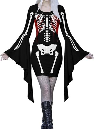 Generic Halloween Gothic Dresses Ladies Cold Shoulder Butterfly Sleeve Spaghetti Strap Swing Costume Pumpkin Skeleton Print Dress Novelty Party Wear Length Ev